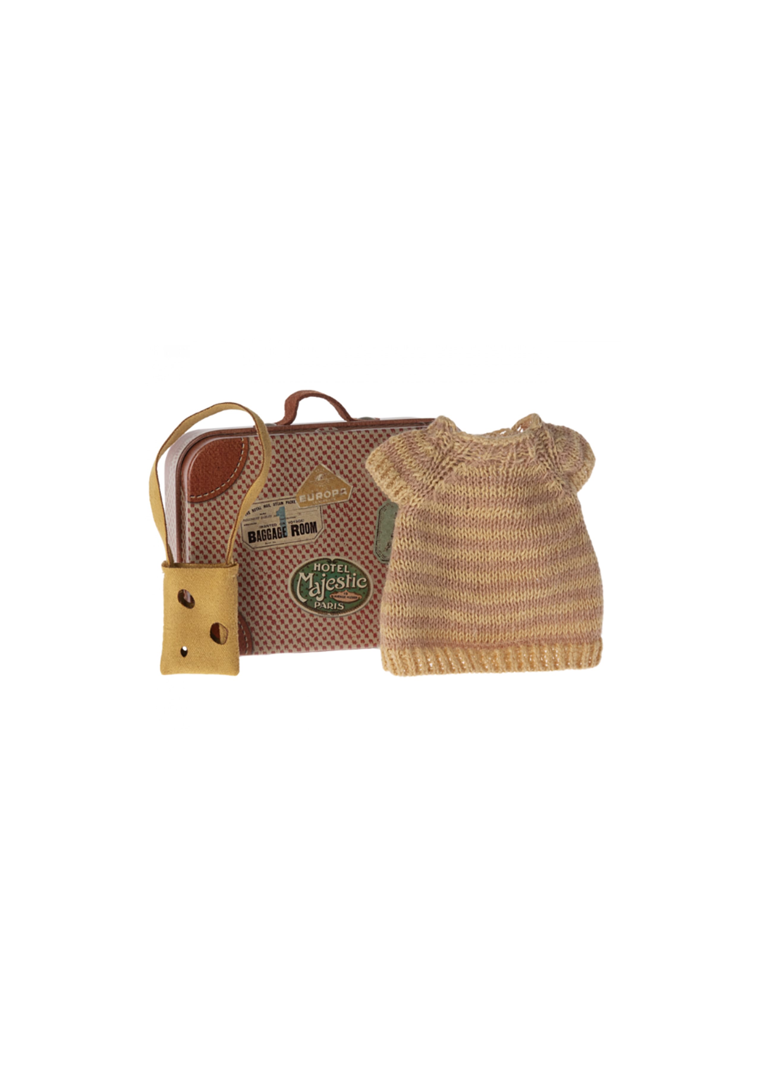 Maileg - Speelgoed - Knitted dress and bag in suitcase - Big sister mouse - Brown - yellow
