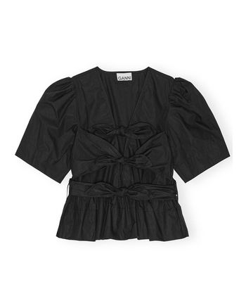 Ganni - Bluse - Washed Stretch Cotton Tie Strap Blouse - Black