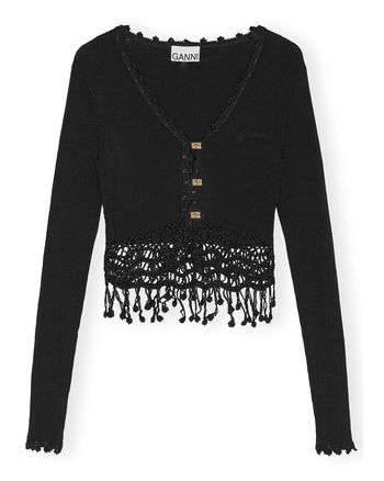 Ganni - Cardigan - Shiny Viscose Crochet Cardigan - Black