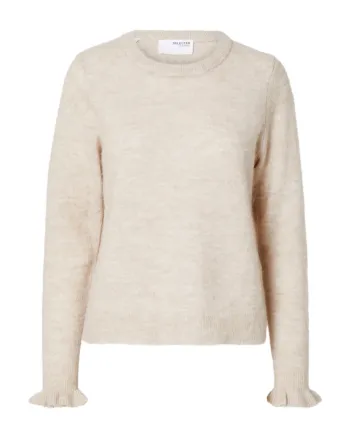 Selected Femme - Maglia - SLFLulu LS Knit Frill Cuff O-Neck - Birch