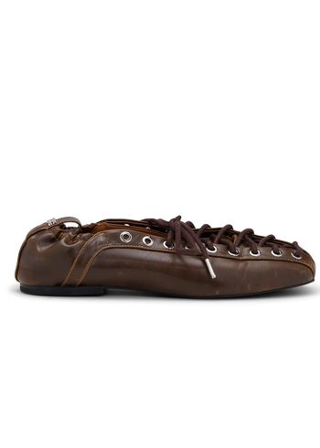 Ganni - Ballerina - Eyelets Lace Up Ballerina Crinkle Oleatex - Dark Olive