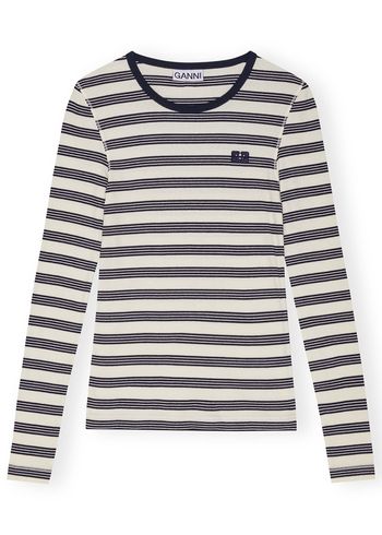 Ganni - Blouse - Striped Soft Cotton Rib Long Sleeve T-Shirt - Sky Captain