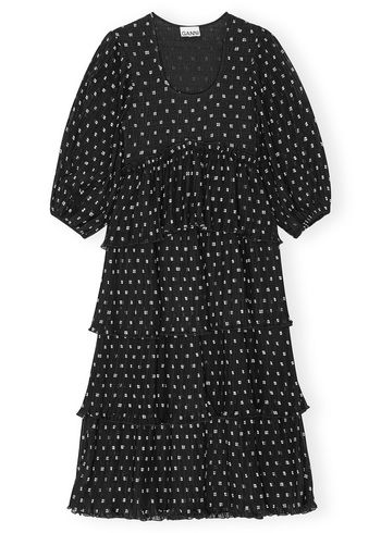 Ganni - Kleid - Pleated Georgette Flounce Smock Midi Dress - Black