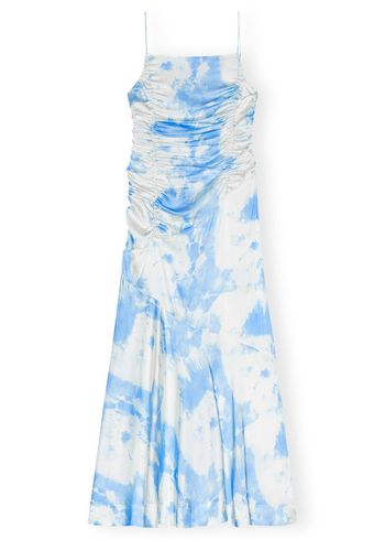 Ganni - Klänning - Printed Satin Ruched Long Slip Dress - Powder Blue