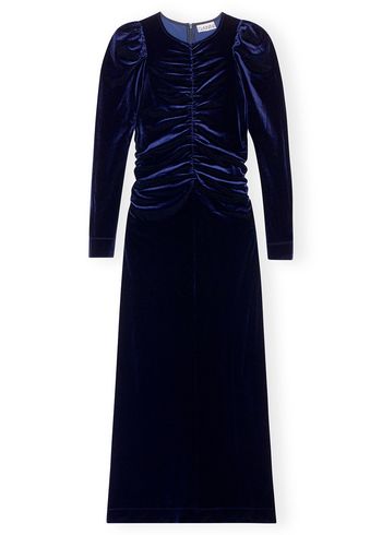 Ganni - Kleid - Velvet Jersey Gathered Long Dress - Total Eclipse