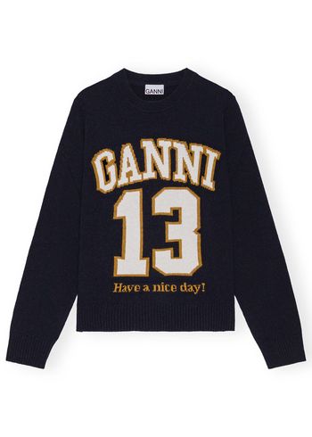 Ganni - Pletené - Graphic Wool Mix Baseball Crewneck - Sky Captain