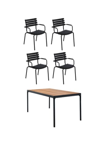 HOUE - Havemøbelsæt - 1 Four Table, 4 Reclips Dining Chair - Black Chairs /Bamboo Table