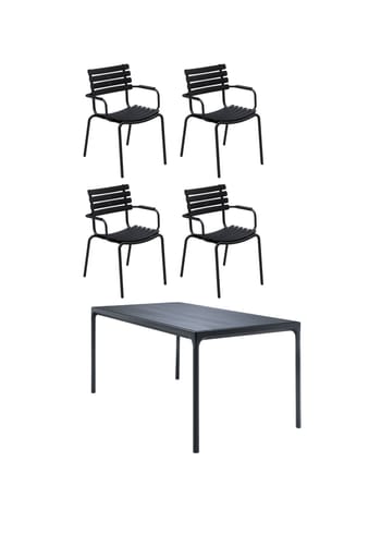 HOUE - Puutarhakalustesarja - 1 Four Table, 4 Reclips Dining Chair - Black Chairs/Black Table