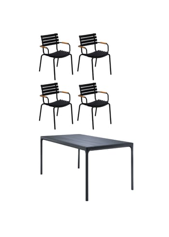 HOUE - Puutarhakalustesarja - 1 Four Table, 4 Reclips Dining Chair - Black/Bamboo Chairs