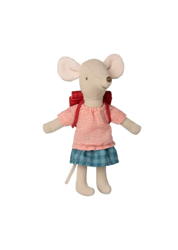 Maileg - Stuffed Animal - Bicycle Mouse - Big Sister With Bag - Rød taske