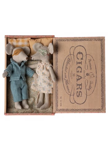 Maileg - Bamse - Mum And Dad Mice In Cigarbox - Blue