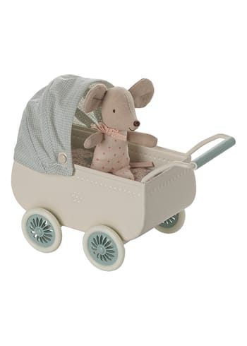 Maileg - Príslušenstvo pre bábiky - Pram With Baby Mouse - Mint