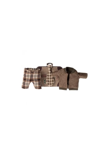 Maileg - Juguetes - Jacket, pants and tie in suitcase - Brown