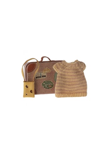 Maileg - Juguetes - Knitted dress and bag in suitcase - Big sister mouse - Brown - yellow