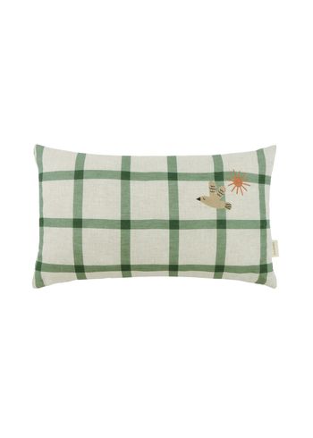 Nobodinoz - Pillow - Rectangular Cushion In French Linen Vibes M - Green windowpane bird