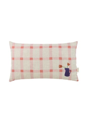 Nobodinoz - Pillow - Rectangular Cushion In French Linen Vibes M - Pink windowpane tulips