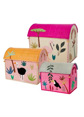 Rice - Dětský úložný box - Raffia Toy Baskets - Set Of 3 - Jungle Theme pink