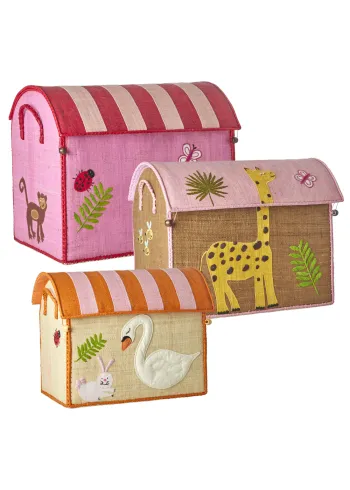 Rice - Child storage box - Raffia Toy Baskets - Set Of 3 - Pink Wildlife Theme