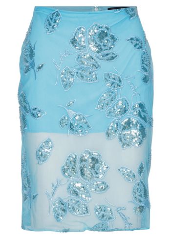 ROTATE by Birger Christensen - Saia - Beaded Pencil Skirt - Embellished Flower Embroidery - Blue Topaz