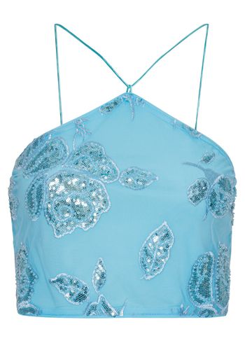 ROTATE by Birger Christensen - Topp - Beaded Crop Top - Embellished Flower Embroidery - Blue Topaz