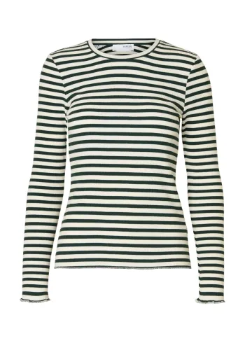 Selected Femme - Blusa - SLFAnna LS Crew Neck Tee Stripes - Scarab/Snow White Stripes