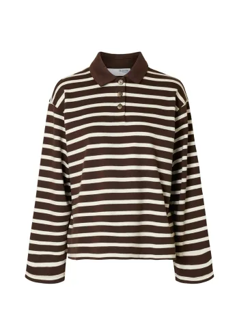 Selected Femme - Polo - SLFWada LS Stripe Collar Top - Coffee Bean/Snow White