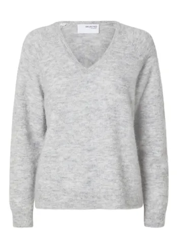 Selected Femme - Nočník - SLFLulu New LS Knit V-Neck NOOS - Light Grey Melange