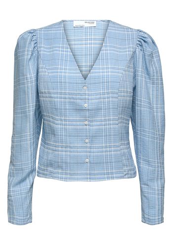 Selected Femme - Skjorta - SLFBrianna LS V-neck Shirt - Blue Bell Check