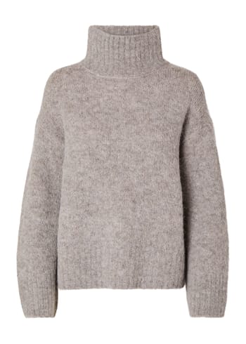 Selected Femme - Pletené - SLFGabella LS Knit Hign-Neck - Steel Gray Melange