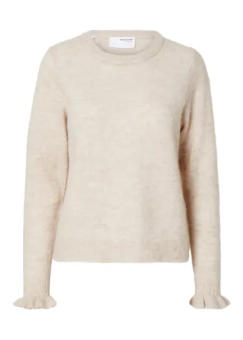 Selected Femme - Maglia - SLFLulu LS Knit Frill Cuff O-Neck - Birch