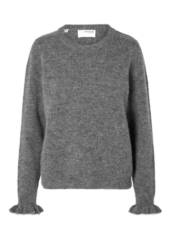 Selected Femme - Gebreide artikelen - SLFLulu LS Knit Frill Cuff O-Neck - Medium Grey Melange