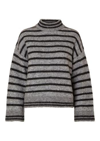 Selected Femme - Knit - SLFSia Ras Stripe LS Knit High Neck - Medium Grey Melange