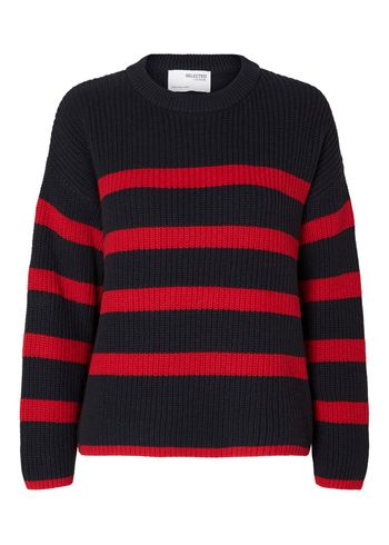 Selected Femme - Tricotar - SLFBloomie LS Knit O-Neck - Dark sapphire/Red Stripes