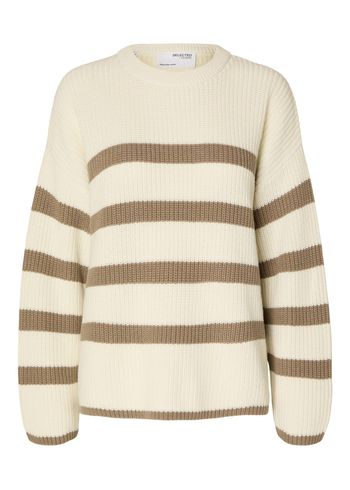 Selected Femme - Neulo - SLFBloomie LS Knit O-Neck - Snow White/Beige Stripes