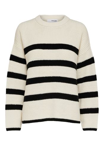 Selected Femme - Tricotar - SLFBloomie LS Knit O-Neck - Snow White/Black Stripes