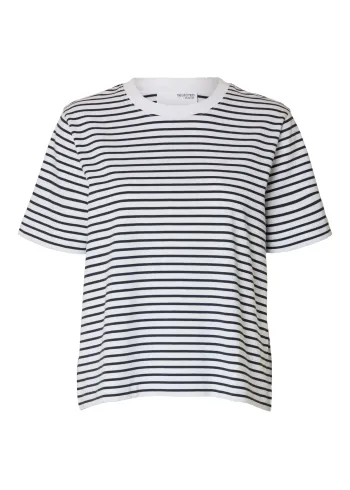 Selected Femme - Maglietta - SLFEssential SS Striped Boxy Tee NOOS - Dark Sapphire/White/Thin Stripes