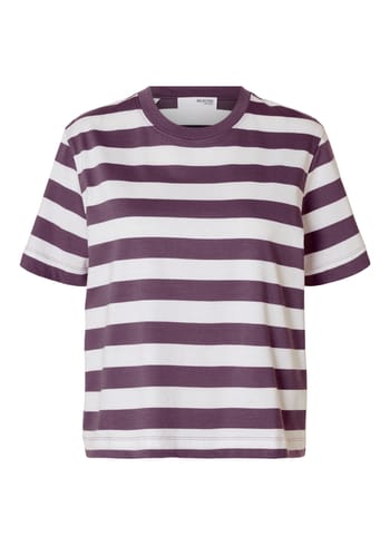 Selected Femme - Camiseta - SLFEssential SS Striped Boxy Tee NOOS - Plum Perfect/White