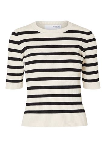 Selected Femme - Camiseta - SLFMali 2/4 Knit O-neck - Birch/Black Stripe