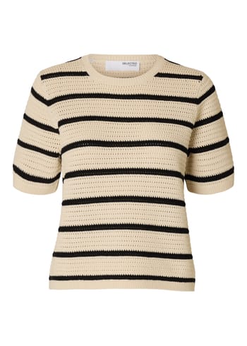 Selected Femme - Tričko - SLFVinna SS Structure Knit O-Neck NOOS - Birch/Black