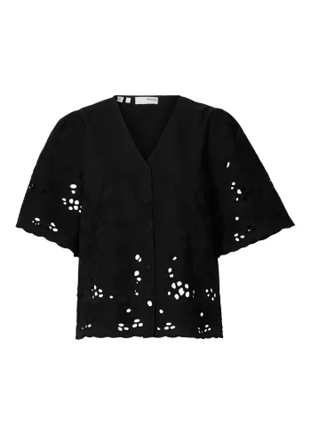 Selected Femme - Início - SLFDahlia SS Broderi Shirt NOOS - Black