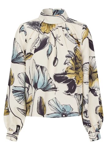 Stine Goya - Blouse - Gathered Long Sleeve Top - Fine Line Poppies