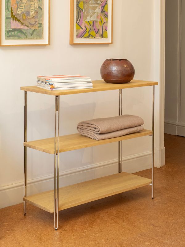 NINE - Inline Floor standing shelf, oak / polished stainless steel