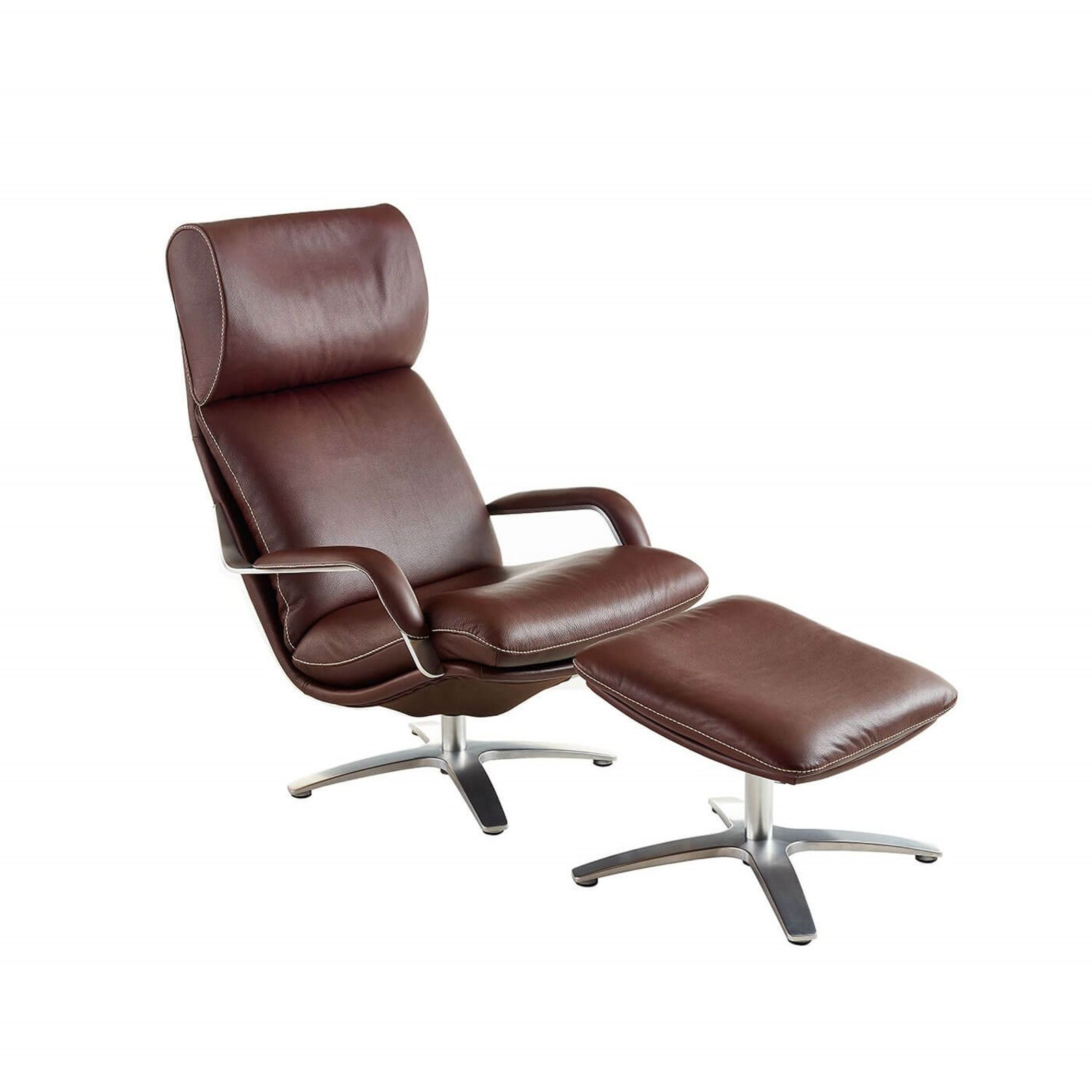BERG Furniture - Lænestol - Nasa Armchair w. Footrest - Leather: Rustical 93287 / Aston Stitching: Beige / Frame: Matt Aluminium - High w. Open Arm