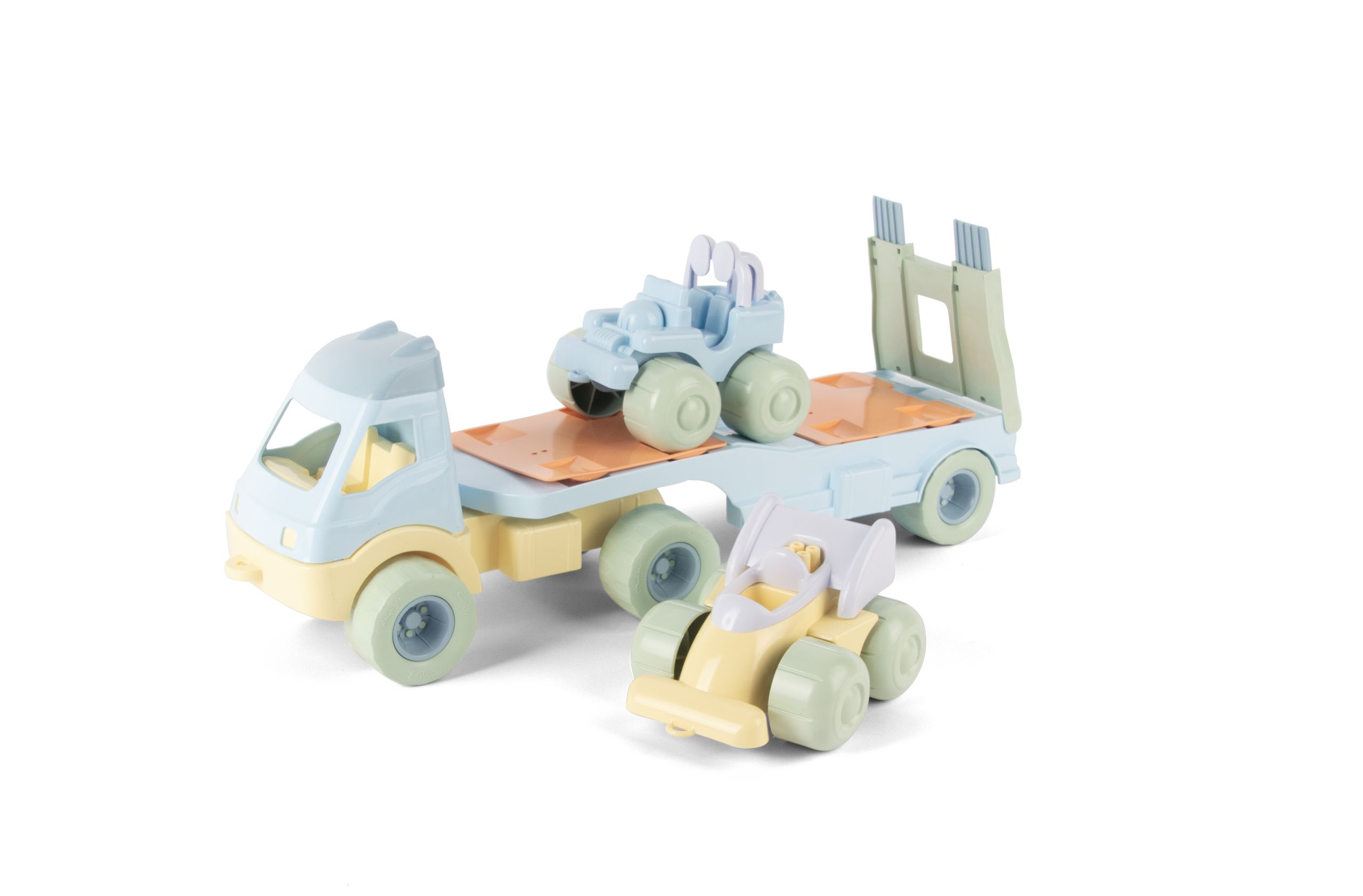 Dantoy - Toys - Pastel Truck with 2 Cars - Blue, Green, Light Purple, Light Yellow, Orange, Summer Blue