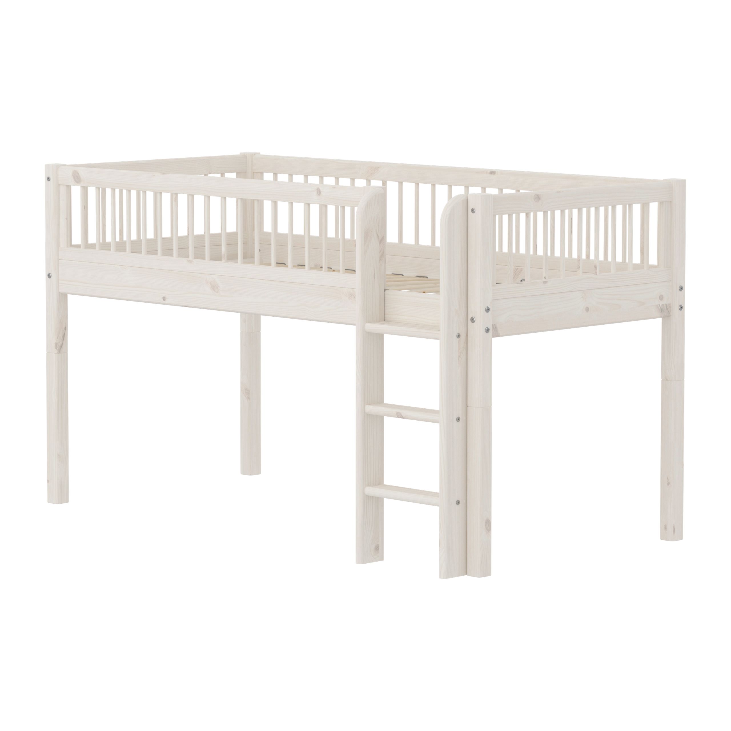 Flexa - Børneseng - CLASSIC Half-high Bed With Bars And Ladder - White Washed