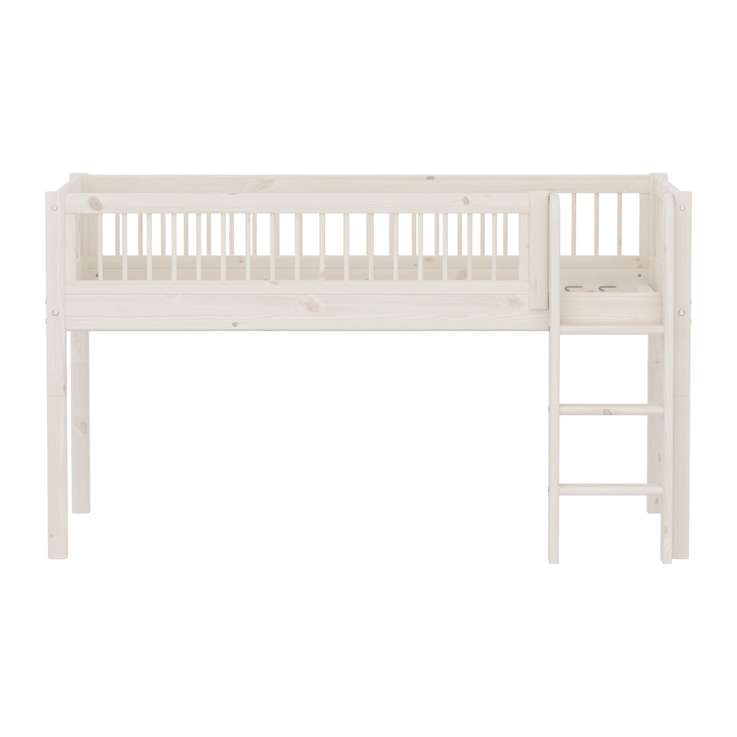 Flexa - Børneseng - CLASSIC Half-high Bed With Bars And Ladder - White Washed