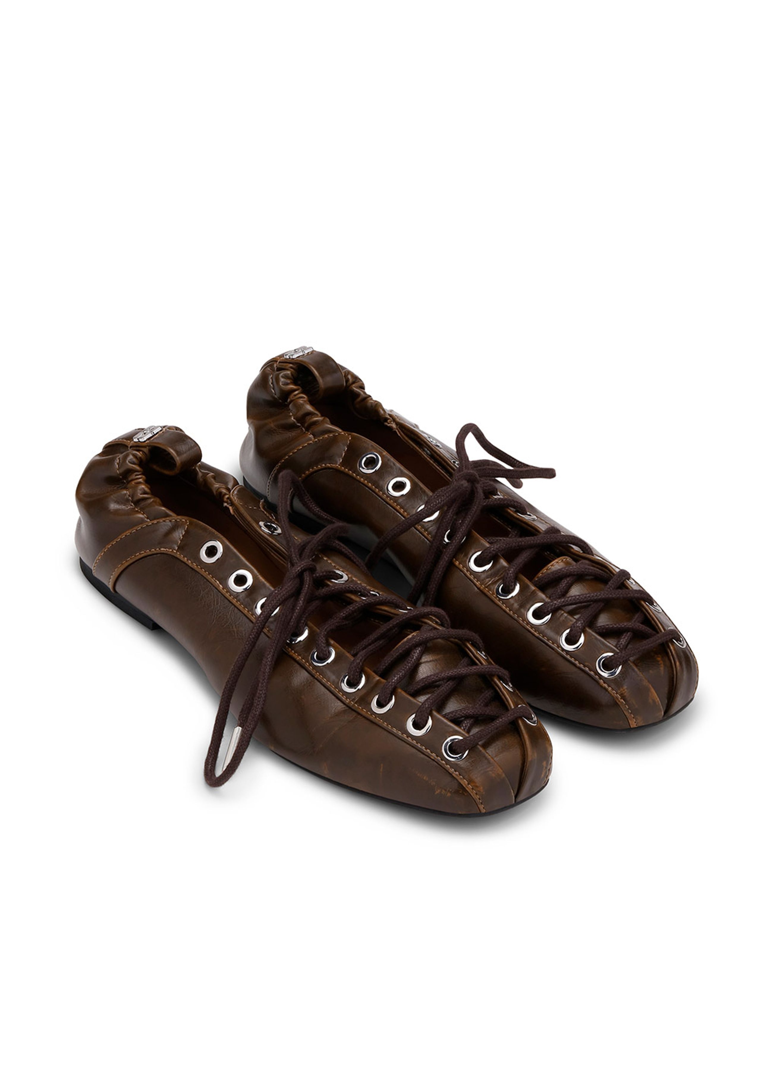 Ganni - Ballerinas - Eyelets Lace Up Ballerina Crinkle Oleatex - Dark Olive