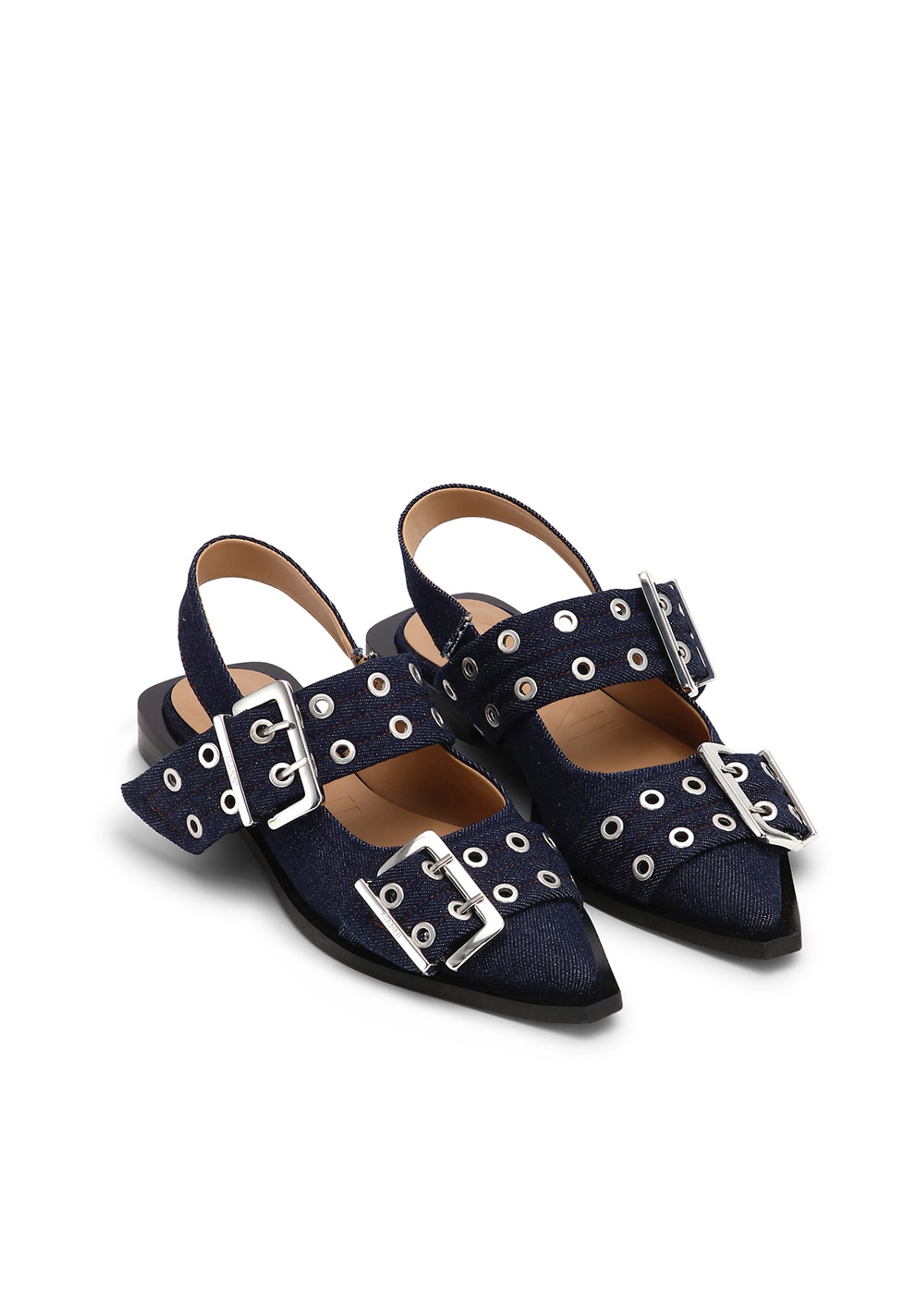 Ganni - Baleríny - Feminine Buckle Ballerina Denim - Dark Navy