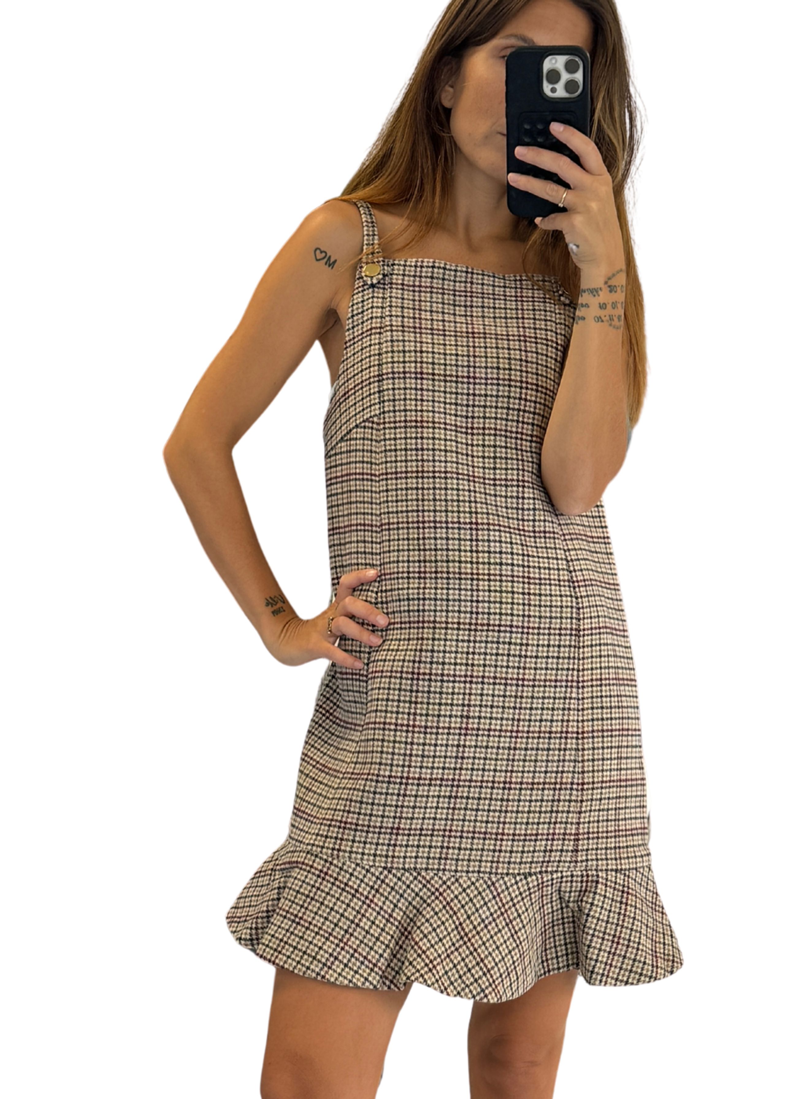 Ganni - Kjole - Check Wool Mix Mini Dress - Tiger's Eye