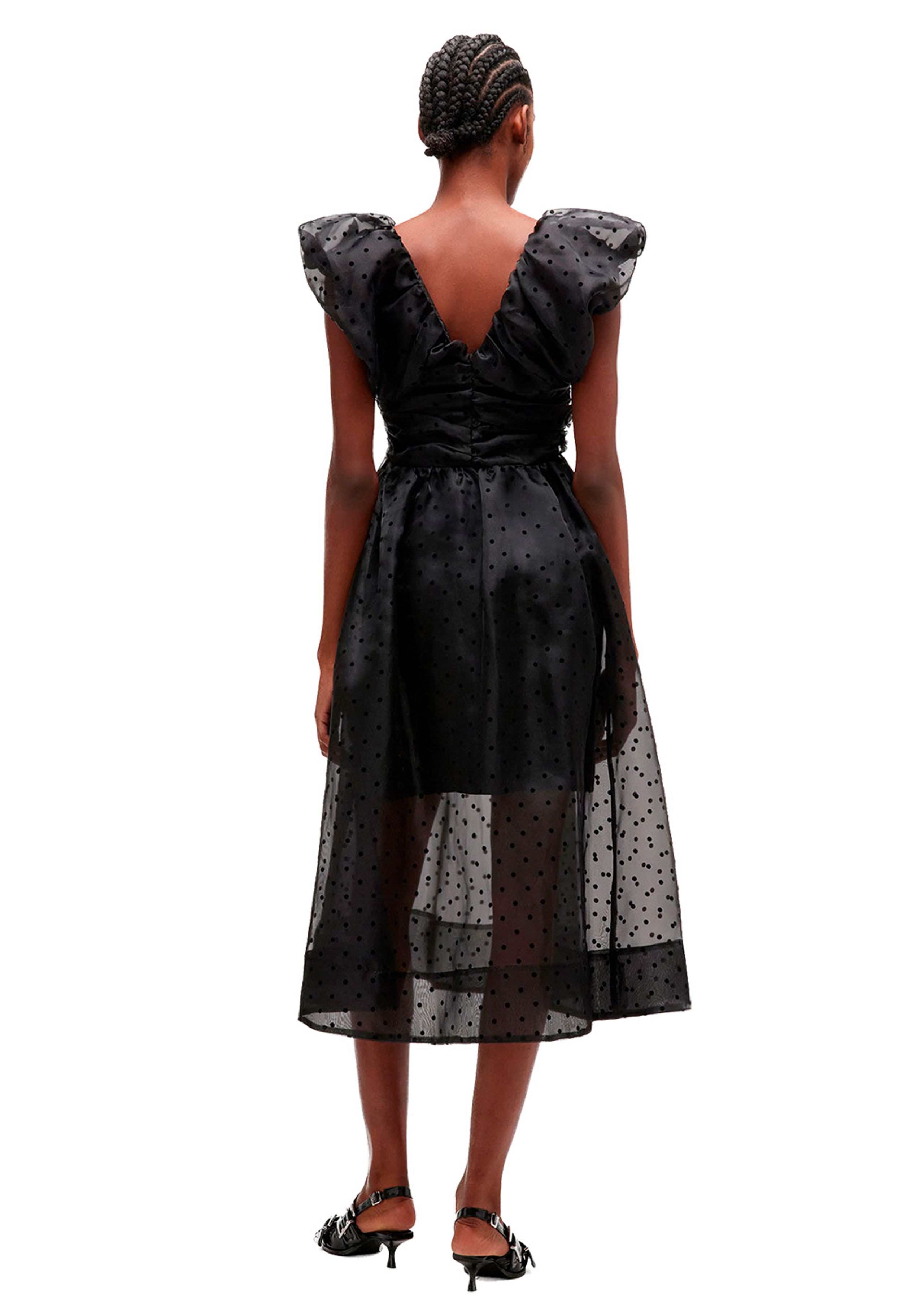 Ganni - Abito - Flocked Organza Long Ruched Dress - Black